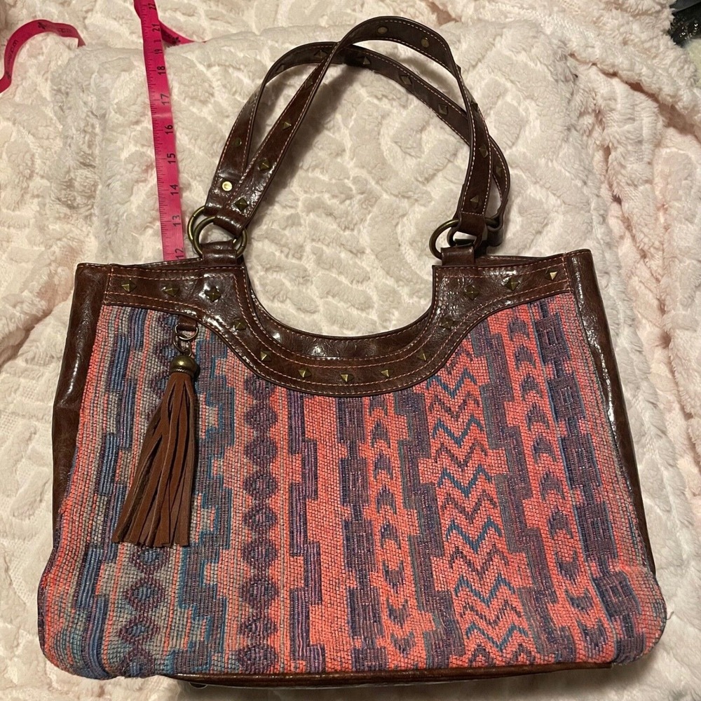 Catchfly Tote Bag Aztec Woven Tapestry Faux Leather Trim Shoulder Bag stud Purse